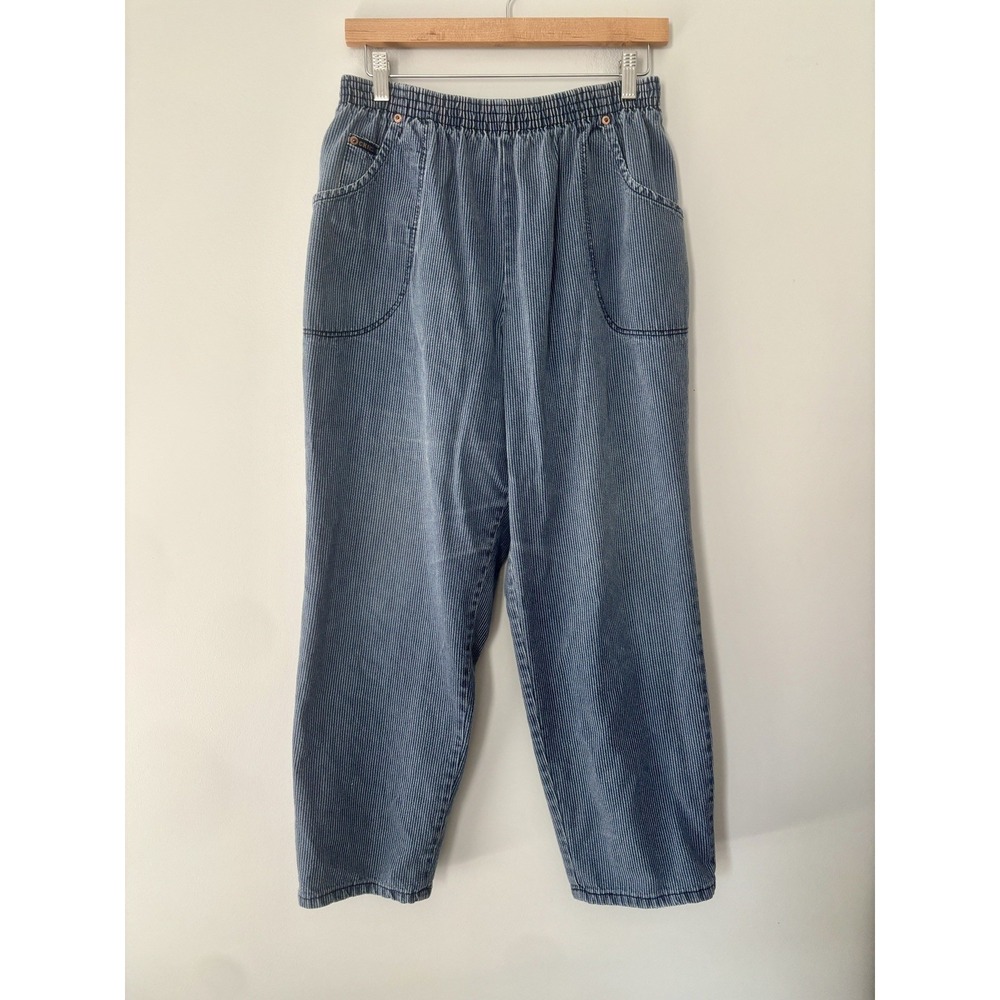 Chic 90s Vintage Pinstripe Cotton Elastic High Waist Pants Blue Size 16P USA